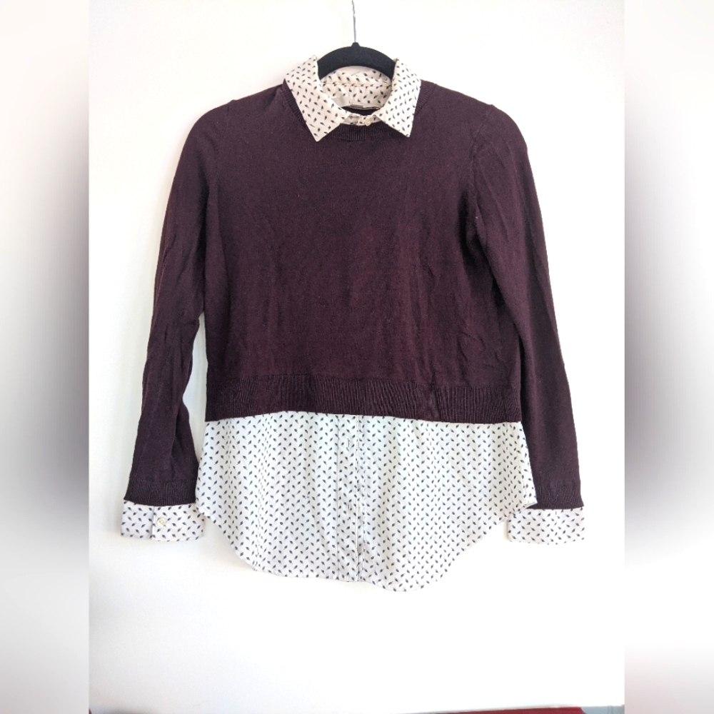 LOFT Two-In-One Chocolate Brown Layered Sweater W/ feather details & Faux collar